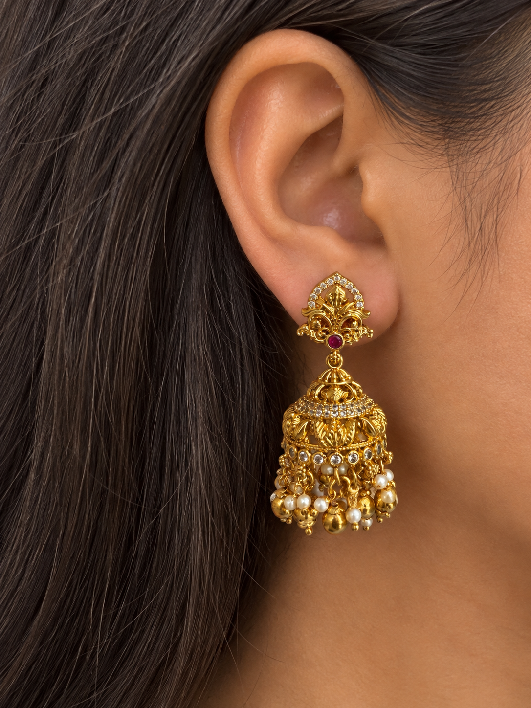 Jhumka Earrings with Moti-Style Bead and Green Accents