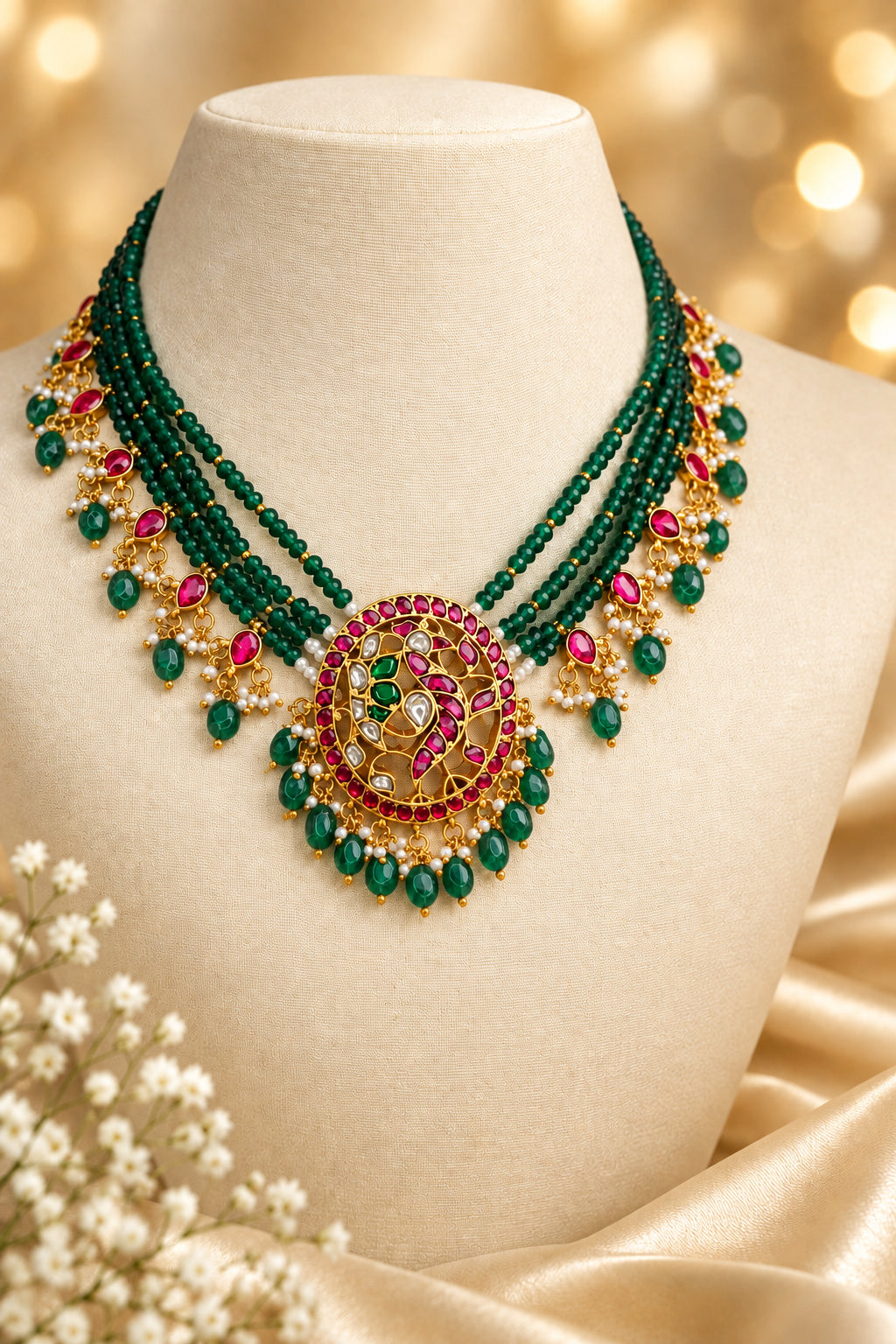 Emerald Green crystal Multi-Strand jadau Pendant Necklace