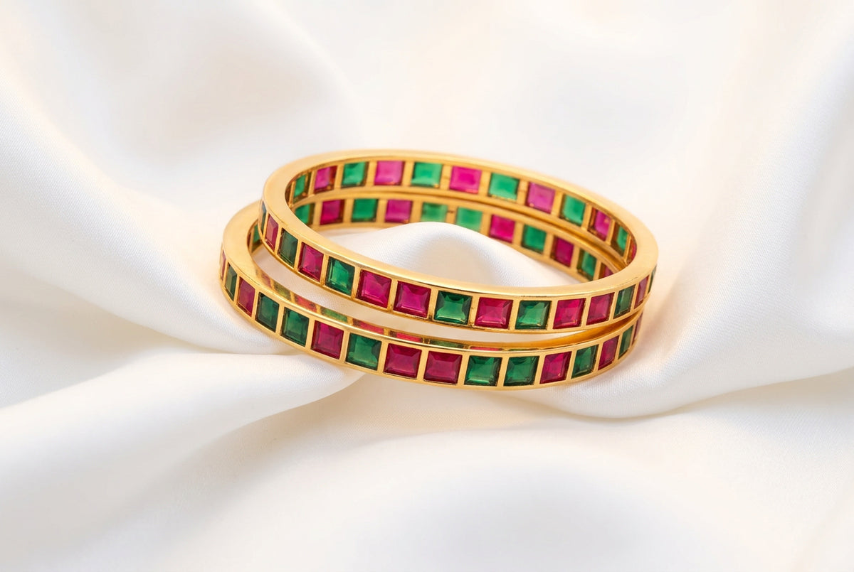 Red and Green Stoned Gold-Rimmed Bangles