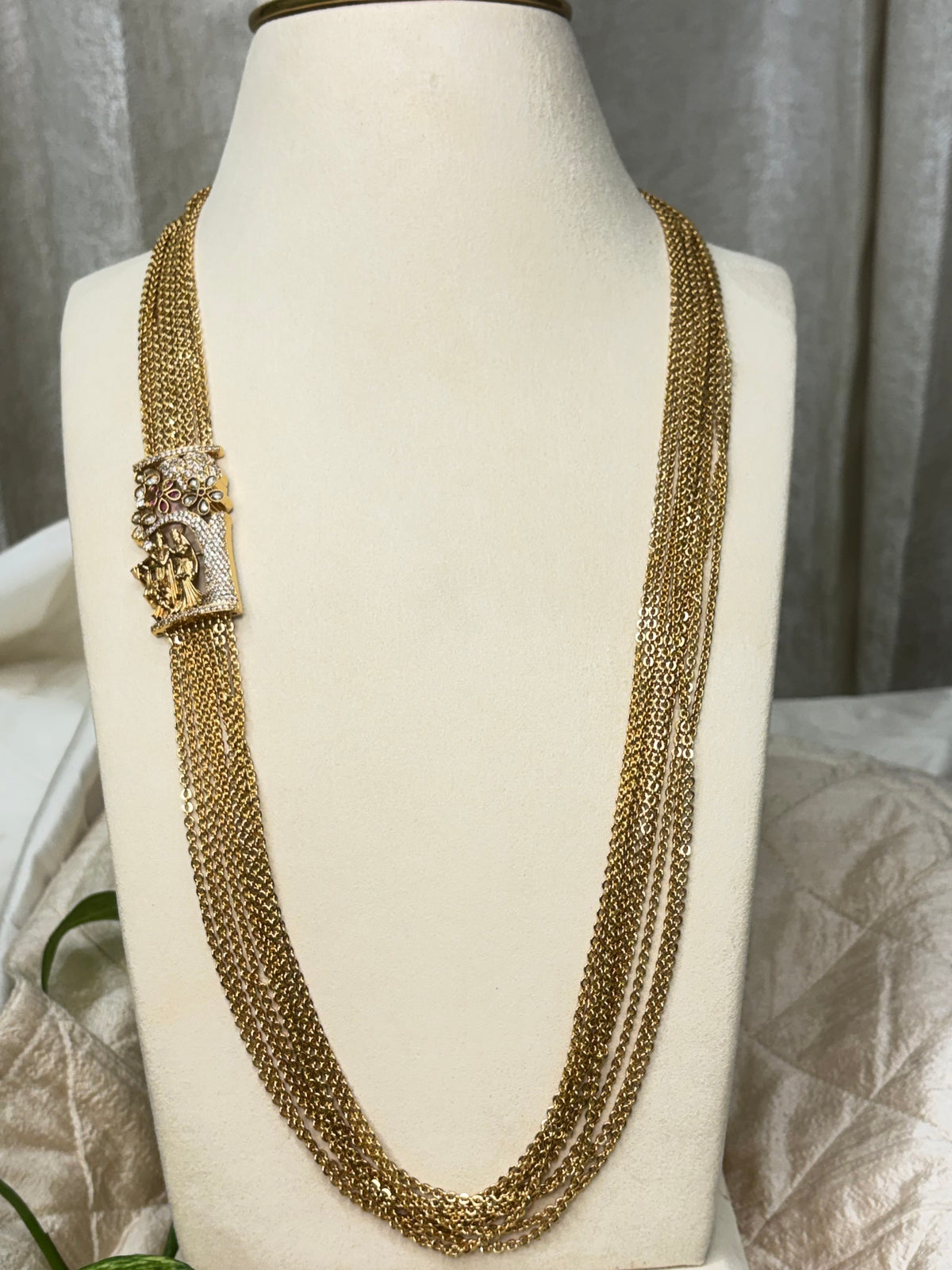 Gold-Tone Multi-Strand Long Haram Necklace with Embellished side pendant