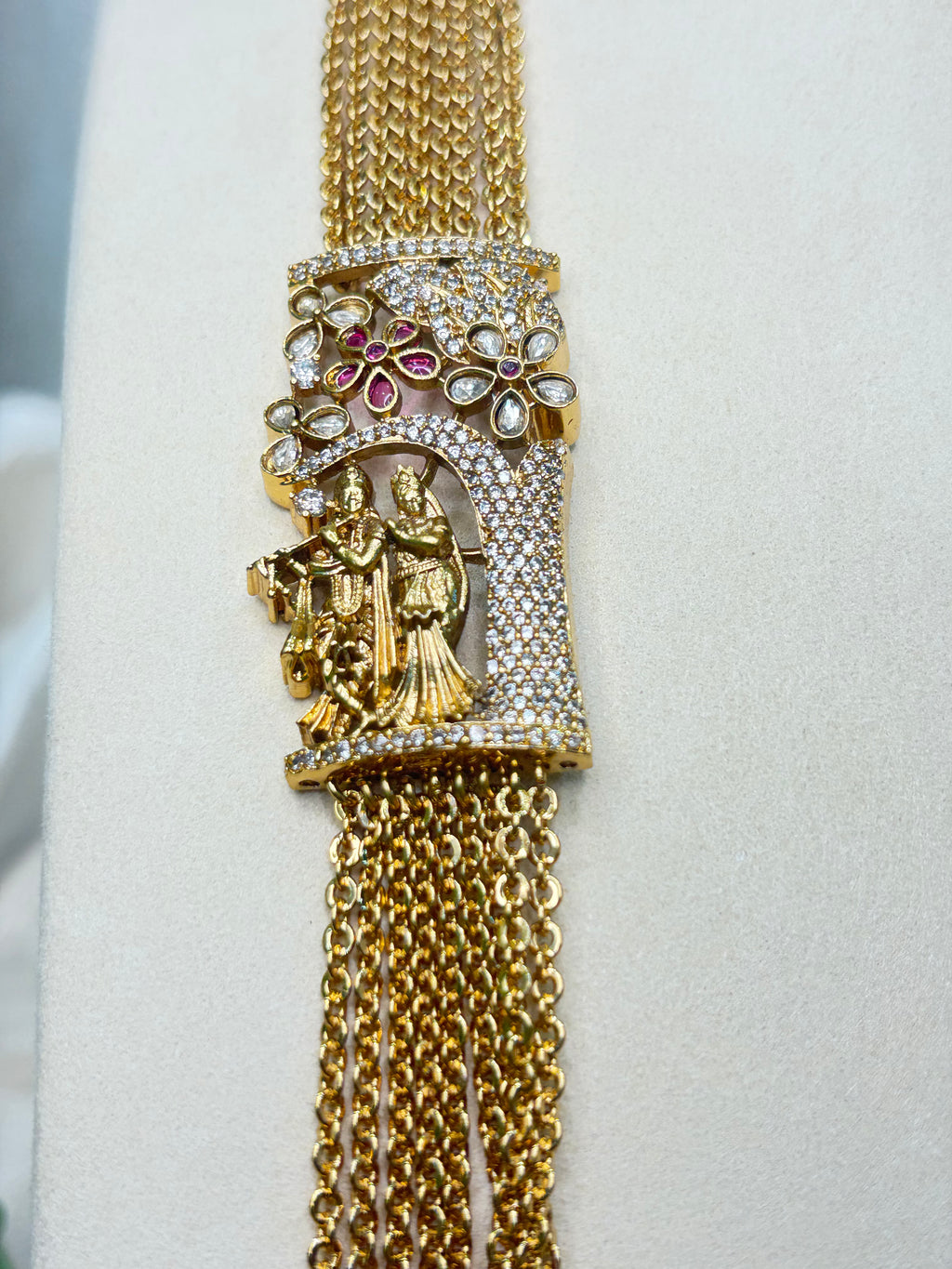 Gold-Tone Multi-Strand Long Haram Necklace with Embellished side pendant