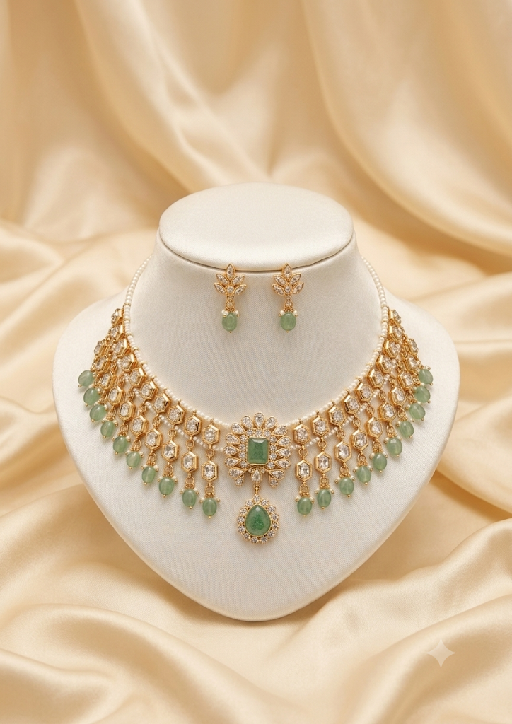 Multi-Layered polki Necklace with strawberry beads Set