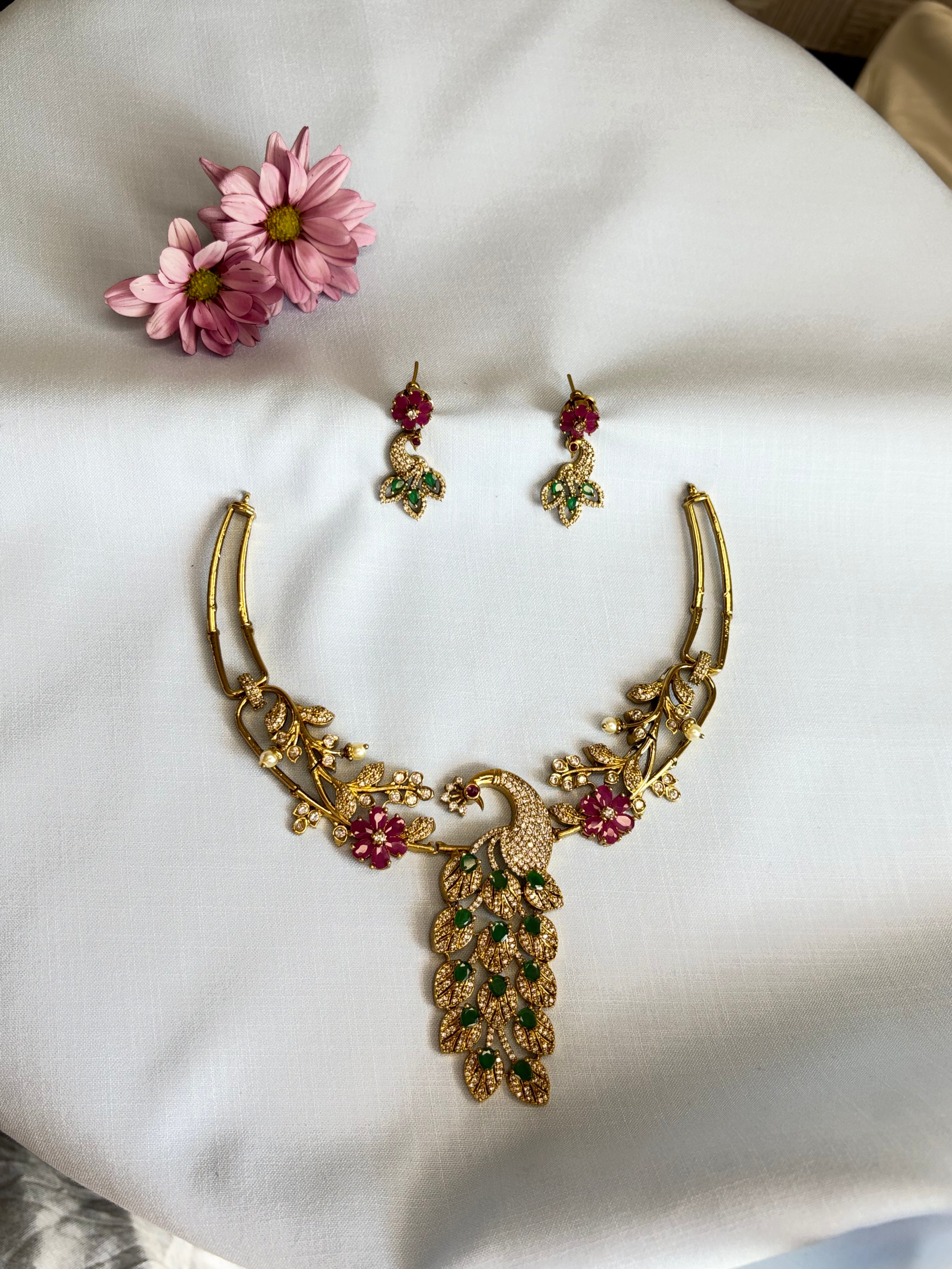 Peacock Pendant Necklace Set with Green Bead Drops