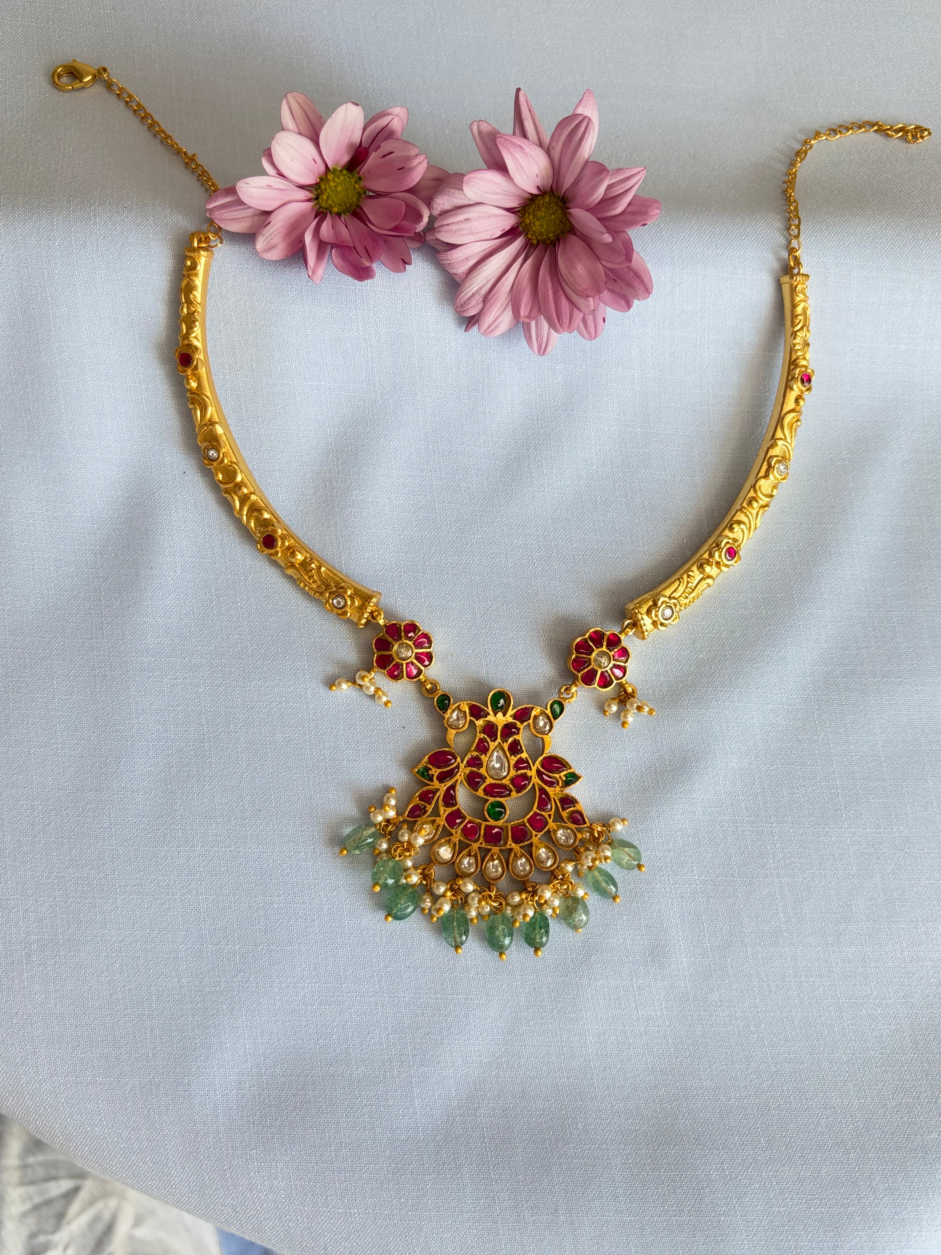 Floral Pendant Necklace Set with Ruby and Green Accents