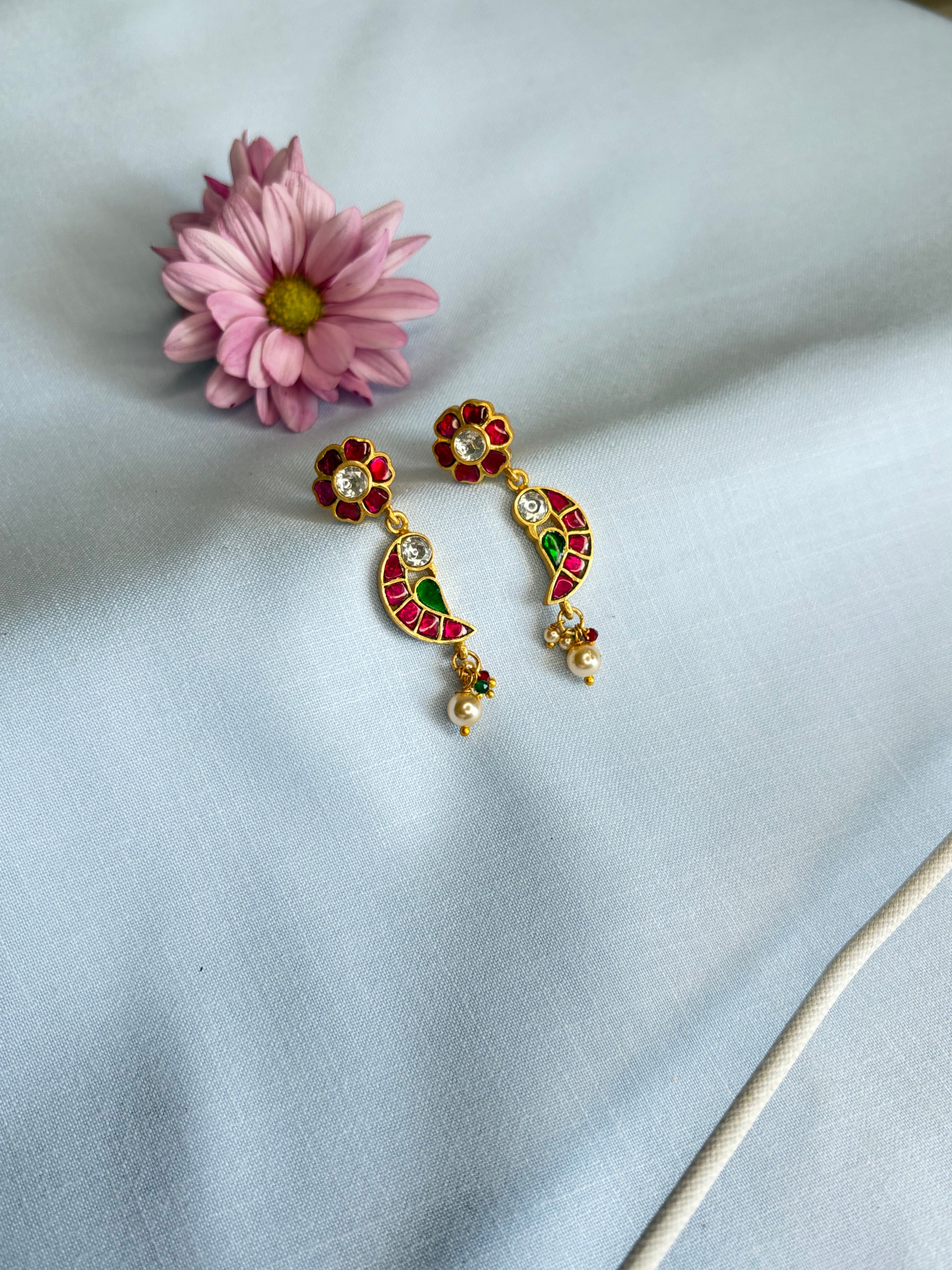 Floral Drop Earrings with Ruby and Green Accents