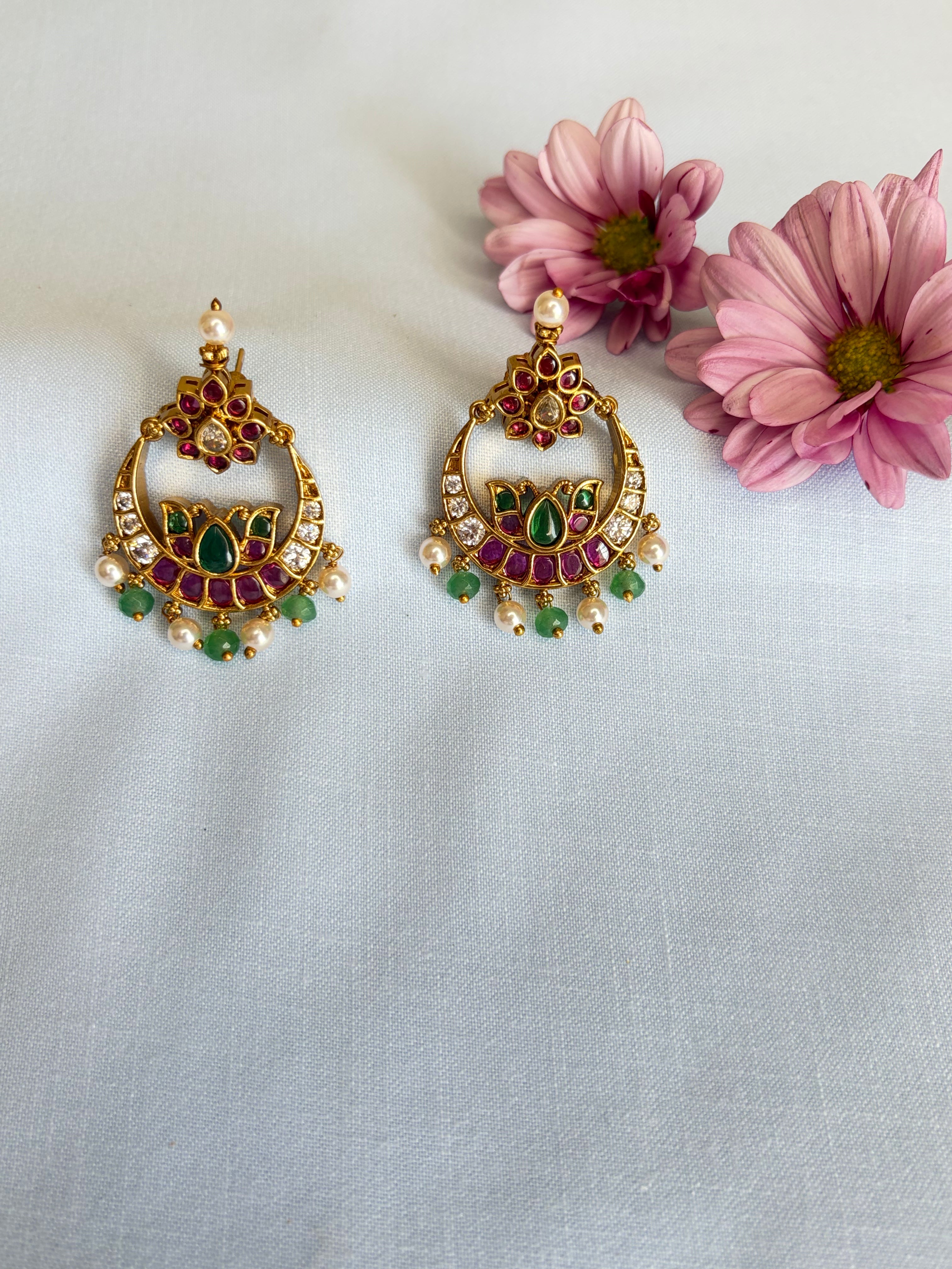 Chandbali Earrings with Green Accents and Bead Latkan