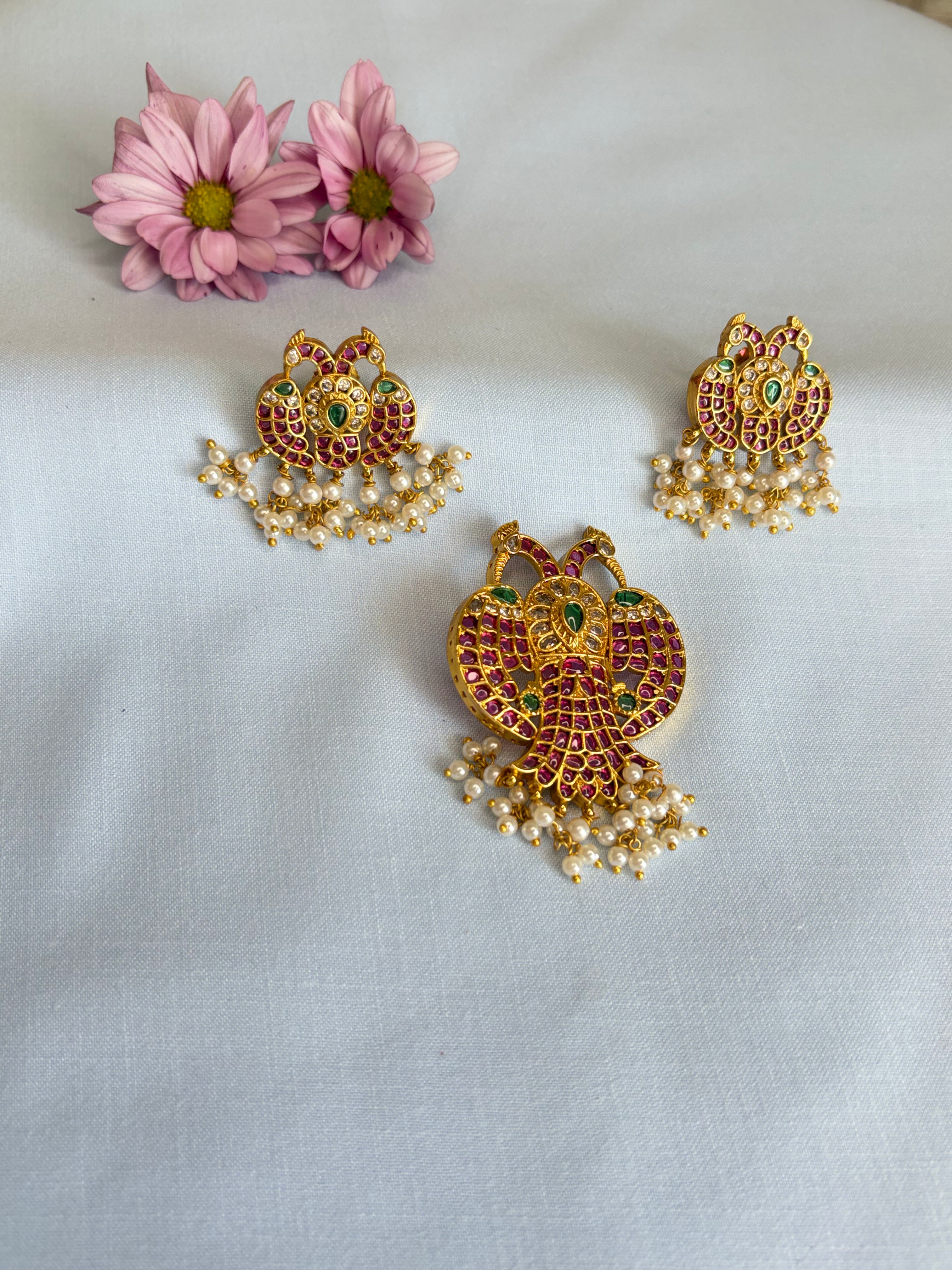 Peacock Motif Pendant and Earring Set with Moti Fringe