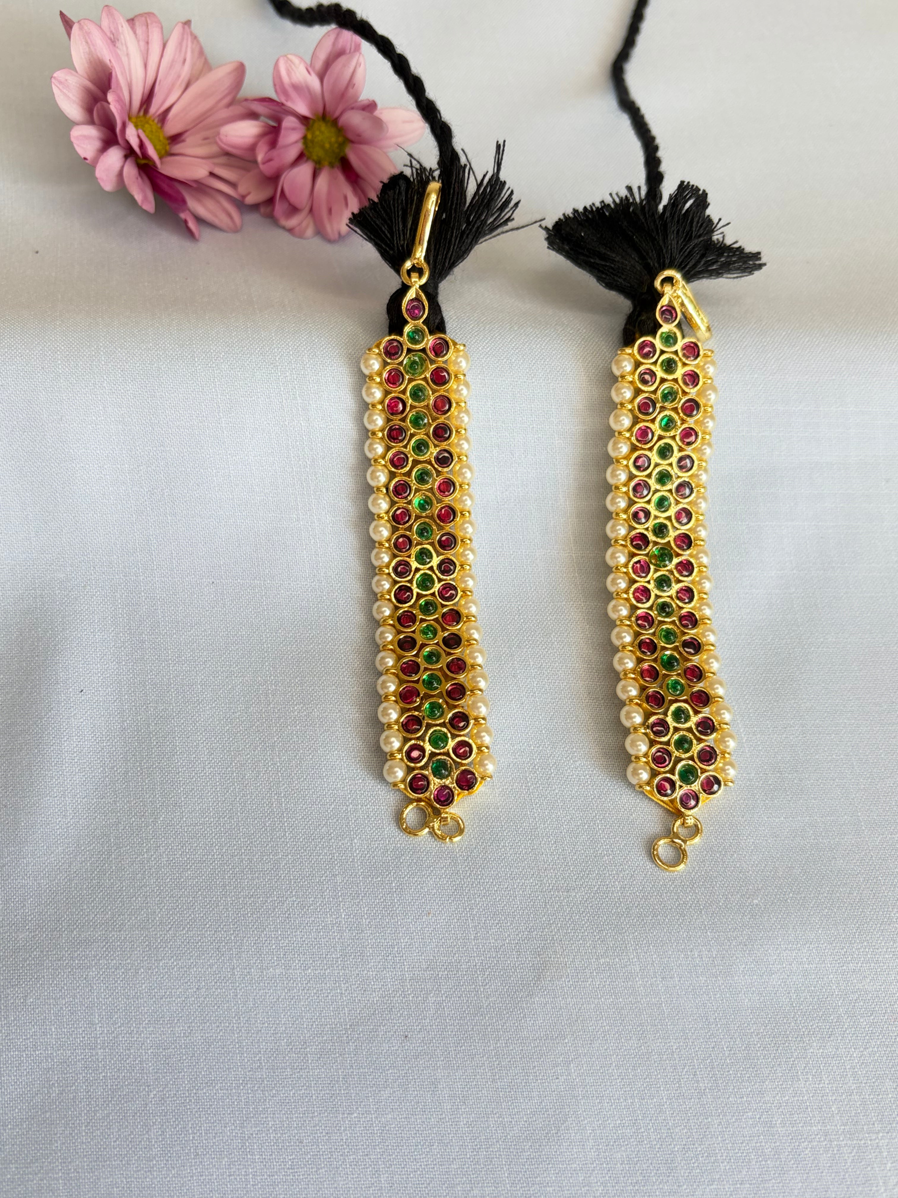 Long Bharathnatyam Matal (Earrings) with Green and Ruby Bead Strands