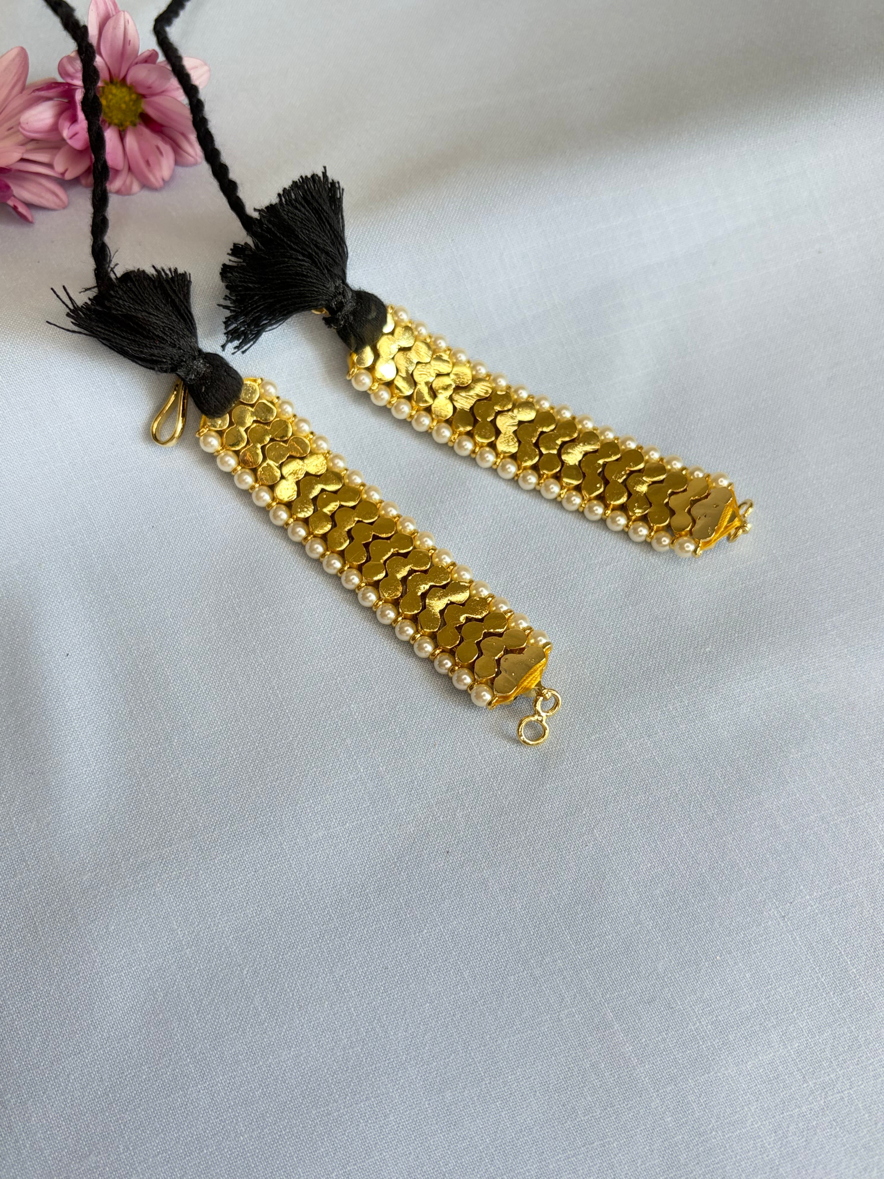 Long Bharathnatyam Matal (Earrings) with Green and Ruby Bead Strands