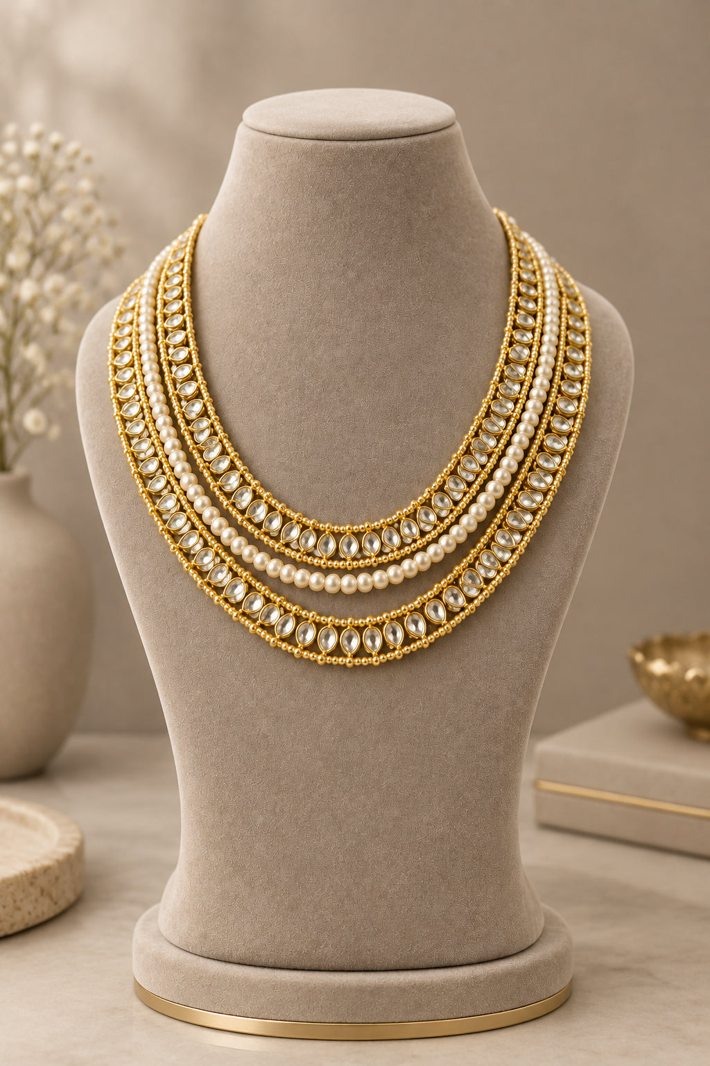 Traditional Multi-Layered Pearl and Kundan Necklace