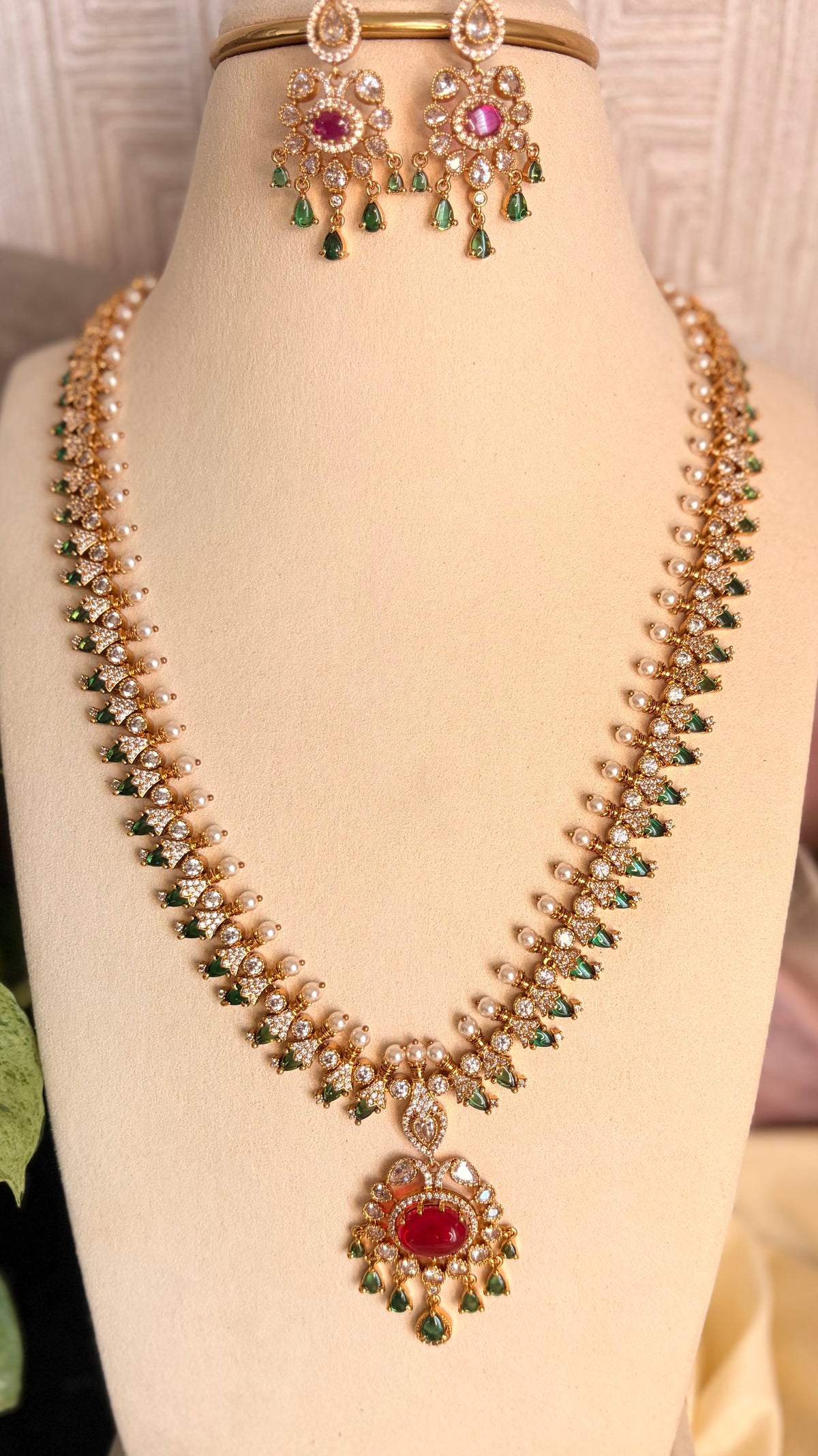 Long white stoned Necklace Set with Matching Earrings