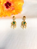 Green Kundan-Style Drop Earrings with Pearl Latkan