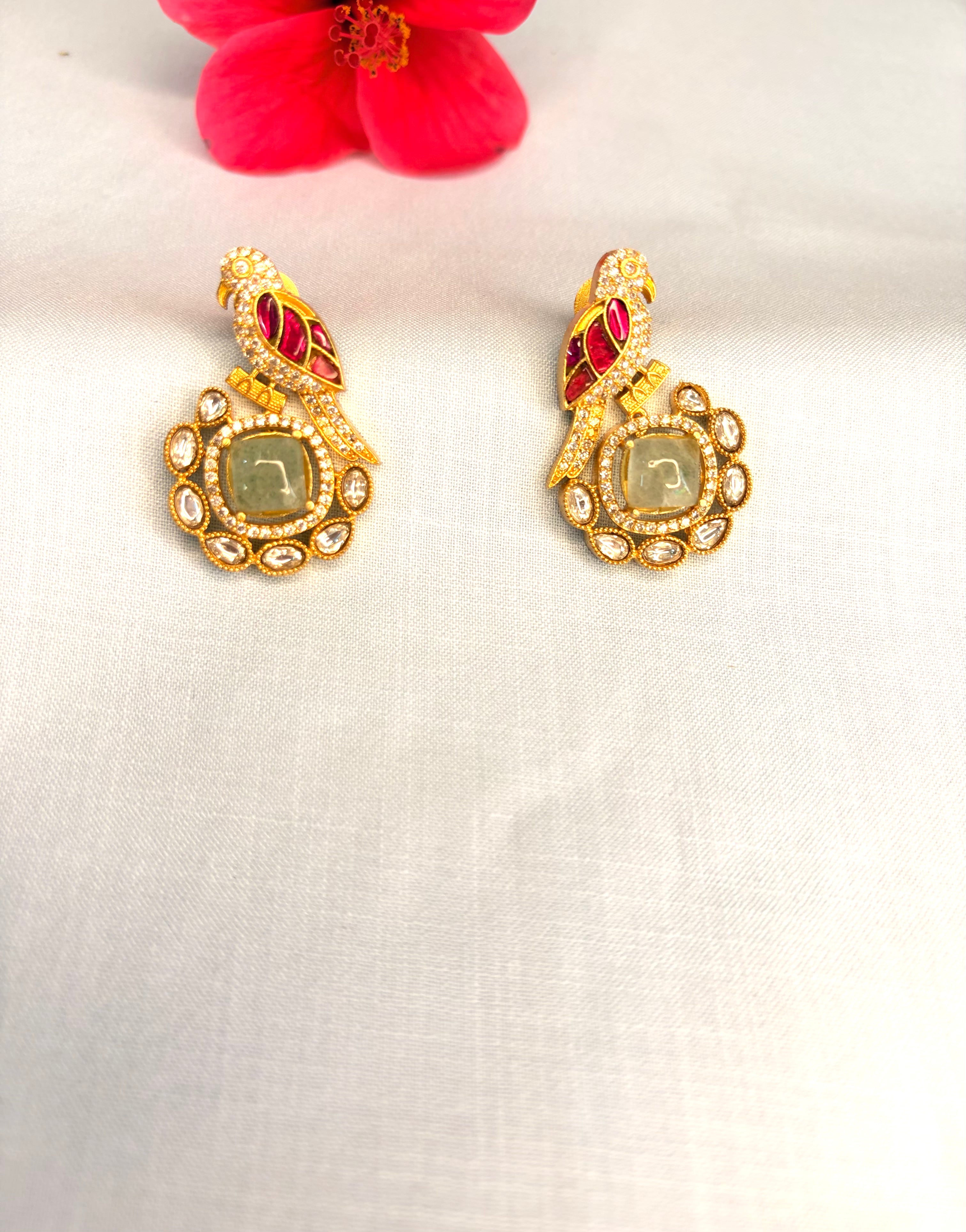 Kundan Earrings with Green Stone Accent