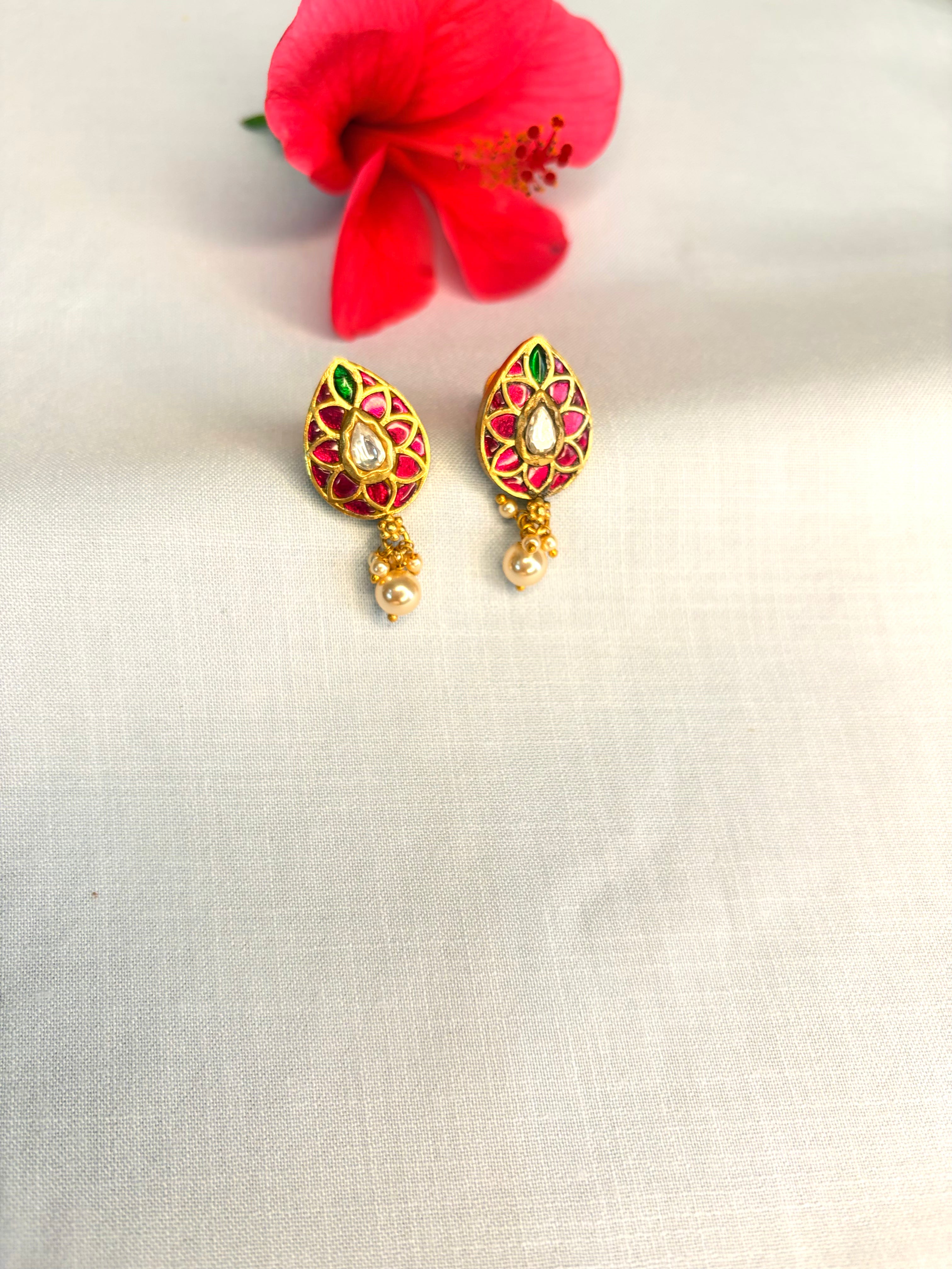 Red and Green Jadau Kundan-Style Floral Stud Earrings
