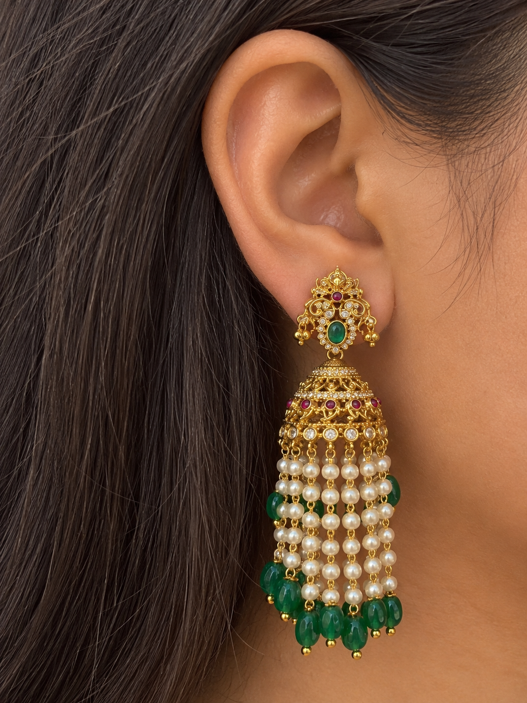 Pearls Latkan Jhumka with strawberry beads