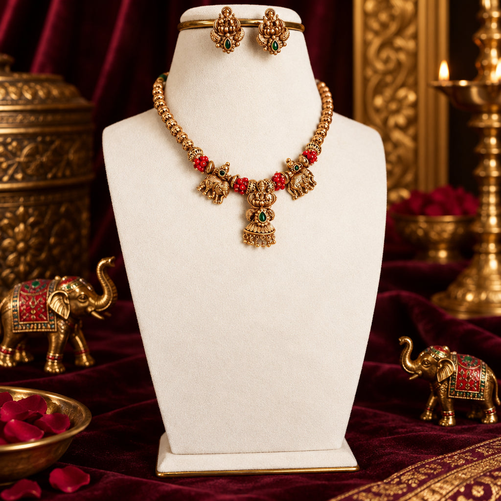 Traditional elephant and Lakshmi motifs Necklace Set