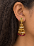 Jhumka Earrings with Ruby-Colour Bead Latkan