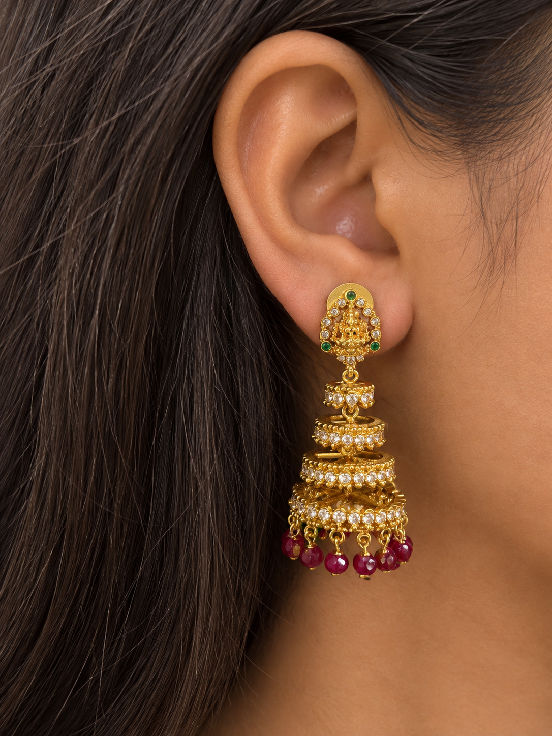 Jhumka Earrings with Ruby-Colour Bead Latkan